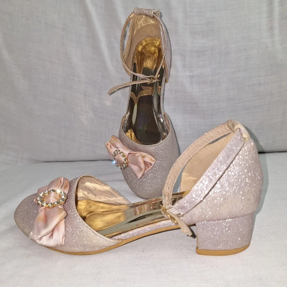 Badgley Mischka Pink Champagne 1 Glitter Bow Dress Heel Girls BM00016 Glittery
